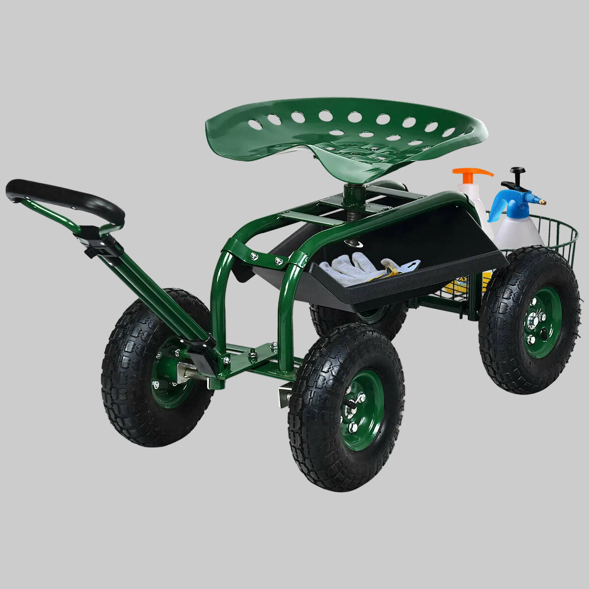 Heavy Duty Garden Cart with Tool Tray and 360 Swivel Seat